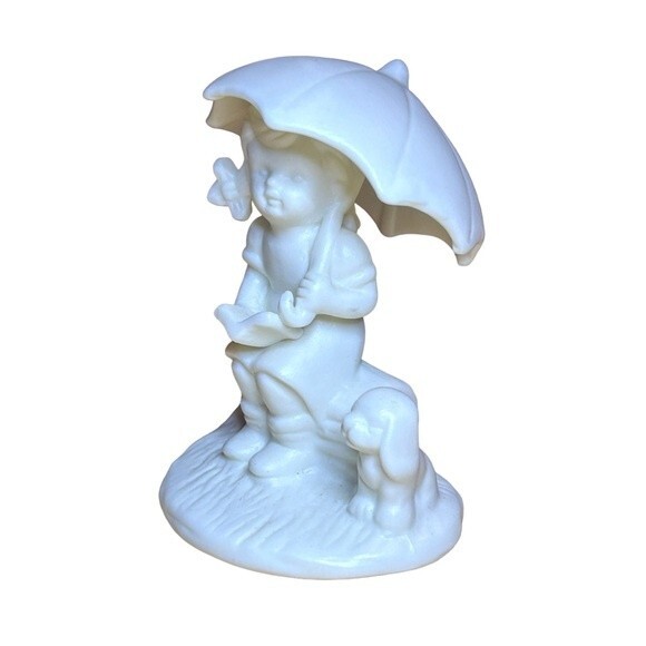 Little Girl with Umbrella + Puppy Dog Reading Book Whimsical Porcelain Figurine - Picture 2 of 11